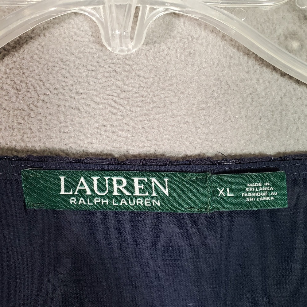 Lauren Ralph Lauren Top Womens XL Navy Blue Lace Bell Sleeve Romantic Classic - Picture 6 of 8